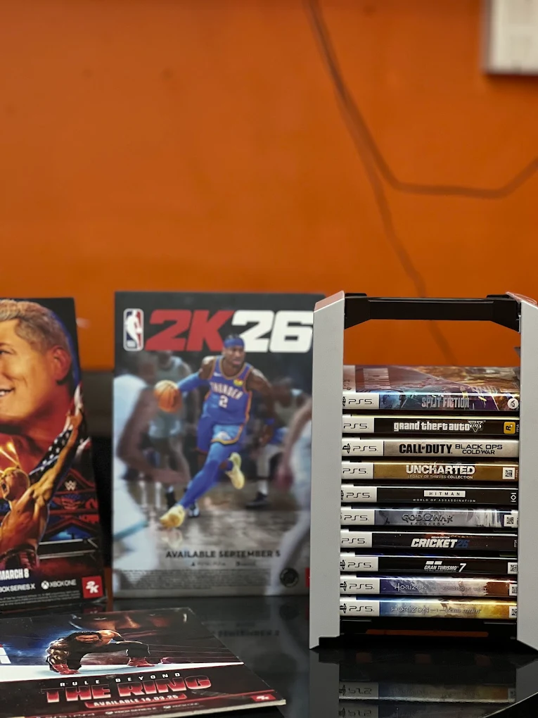 Close view of PS5 game cases at Shivam Playworld